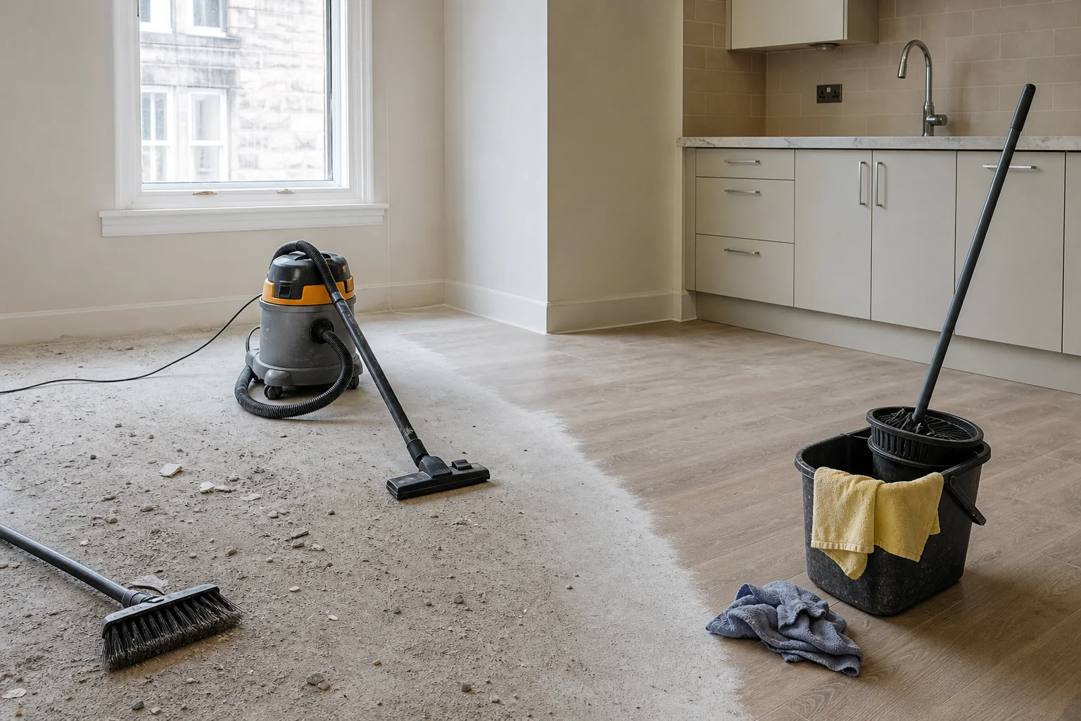 Illustrative image of cleaning tools in a renovated room after building work.