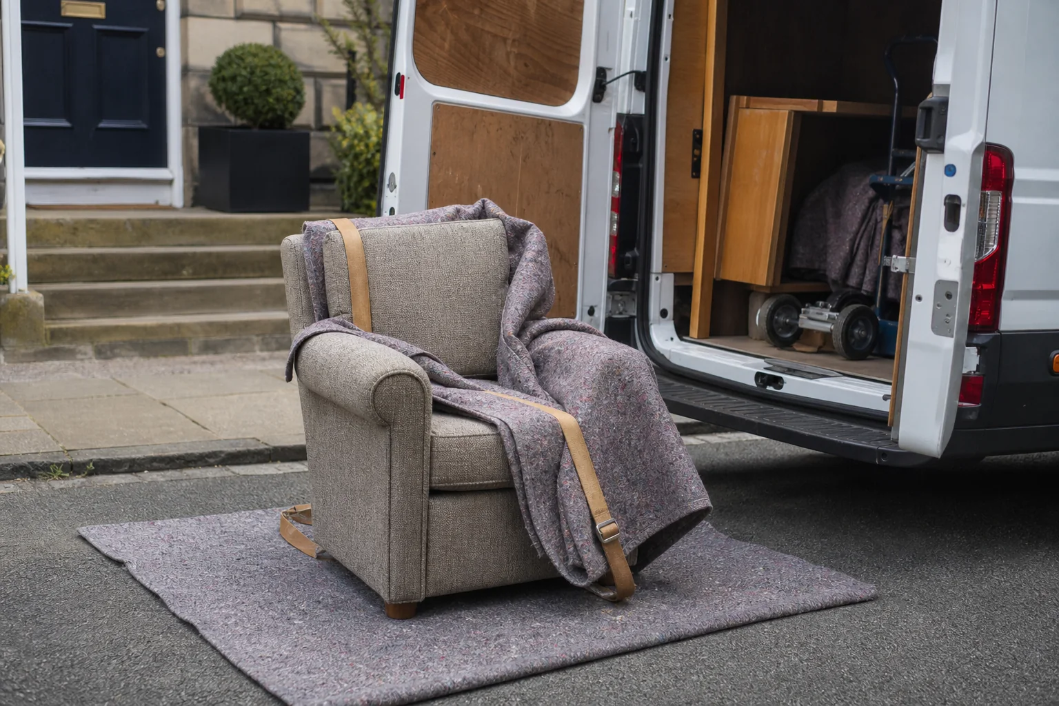 Illustrative image of an armchair prepared for collection beside an unbranded van.