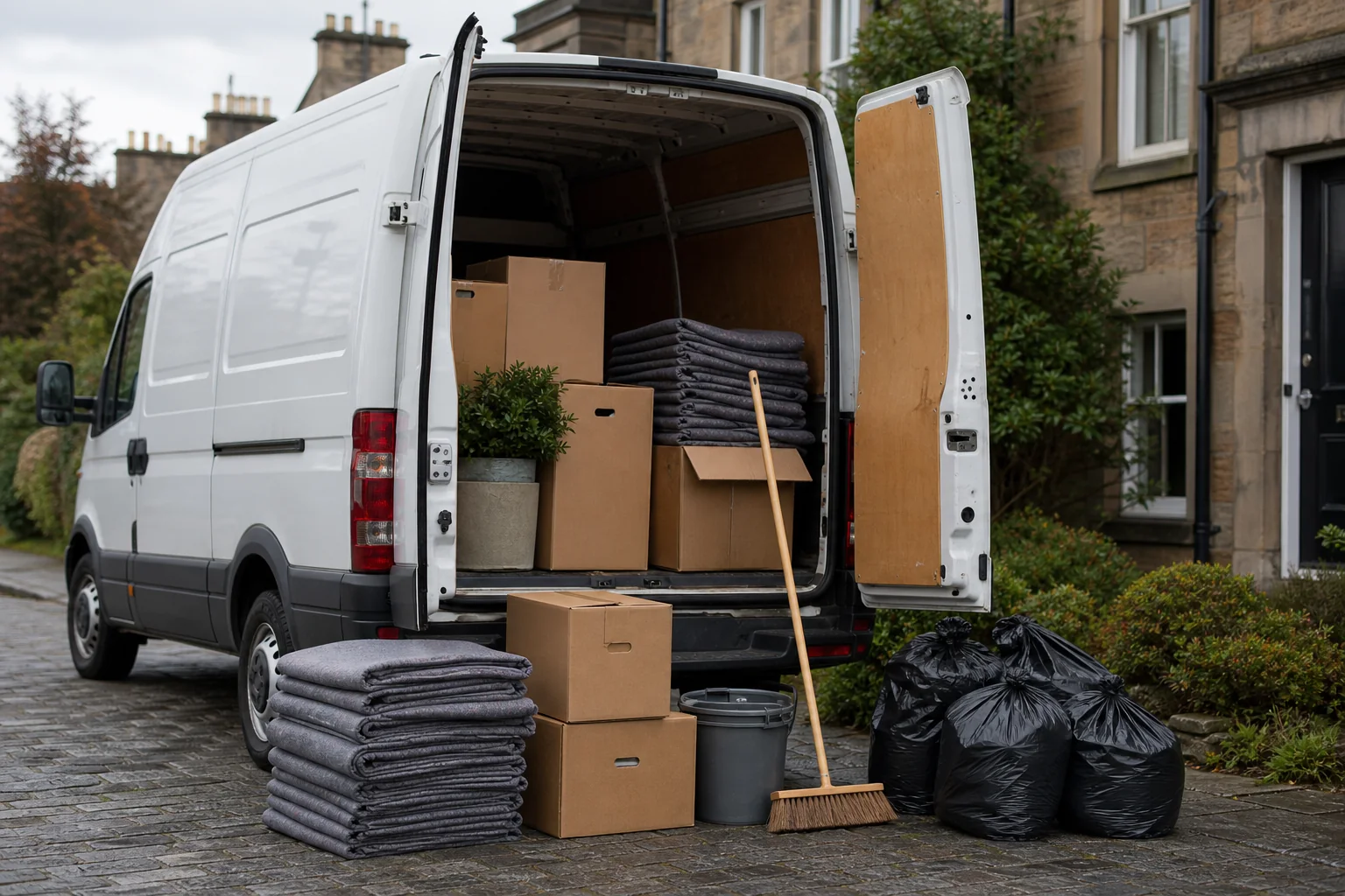Illustrative image of an unbranded van with moving and clearance items.