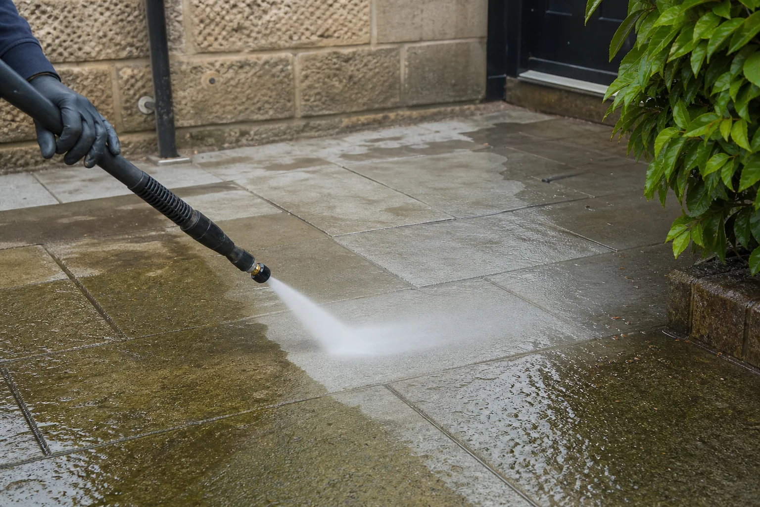 Illustrative image of pressure washing paving stones.