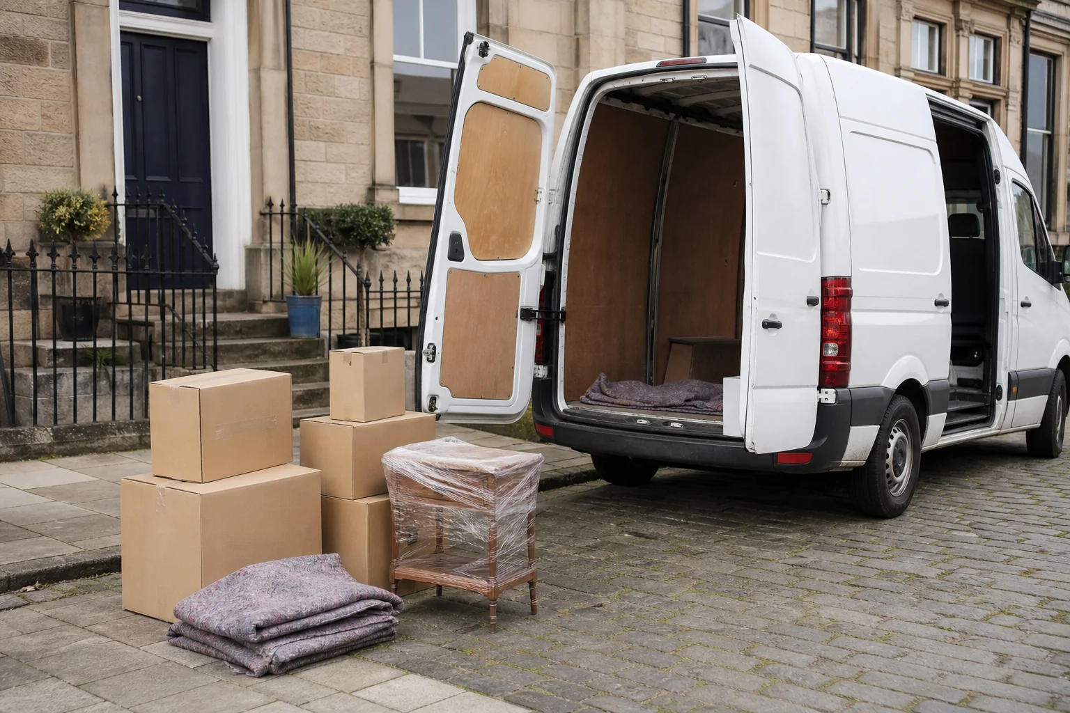 Illustrative image of moving boxes and wrapped furniture beside an unbranded van.